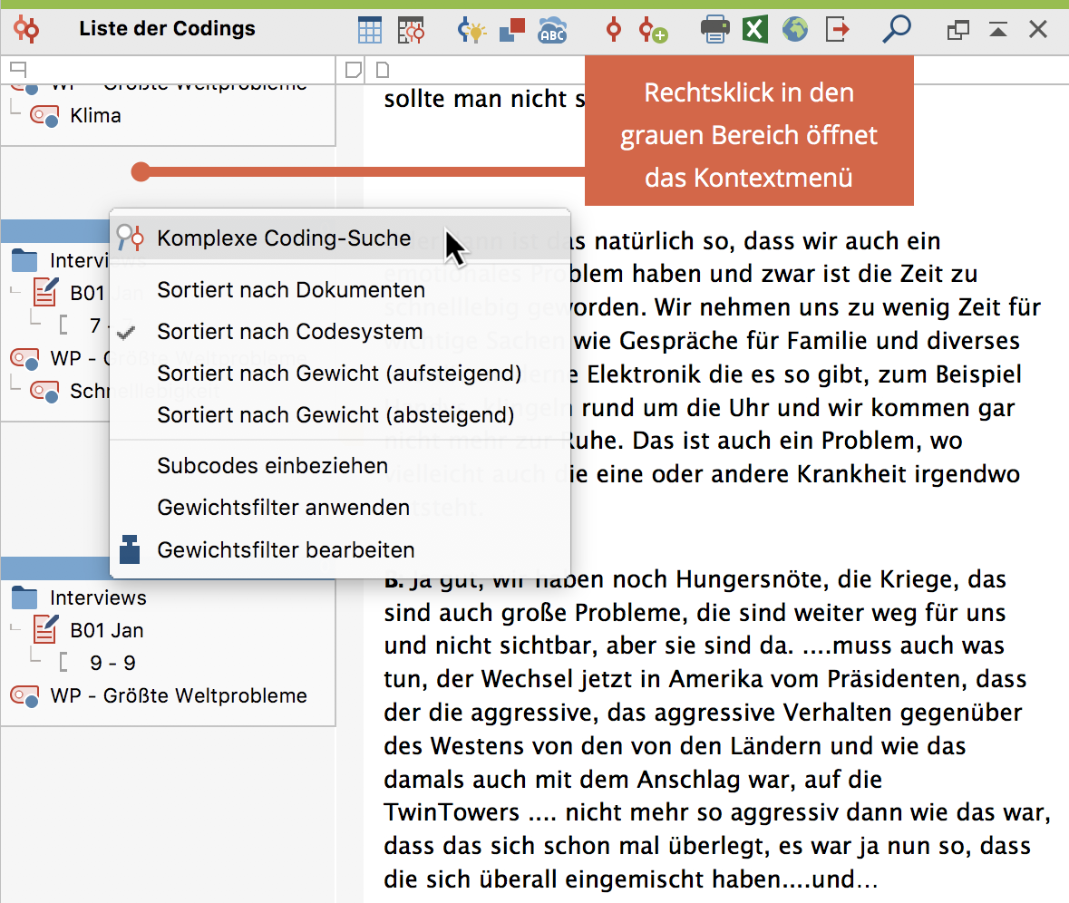 Kontextmenü im Fenster „Liste der Codings“ Kontextmenü im Fenster „Liste der Codings“