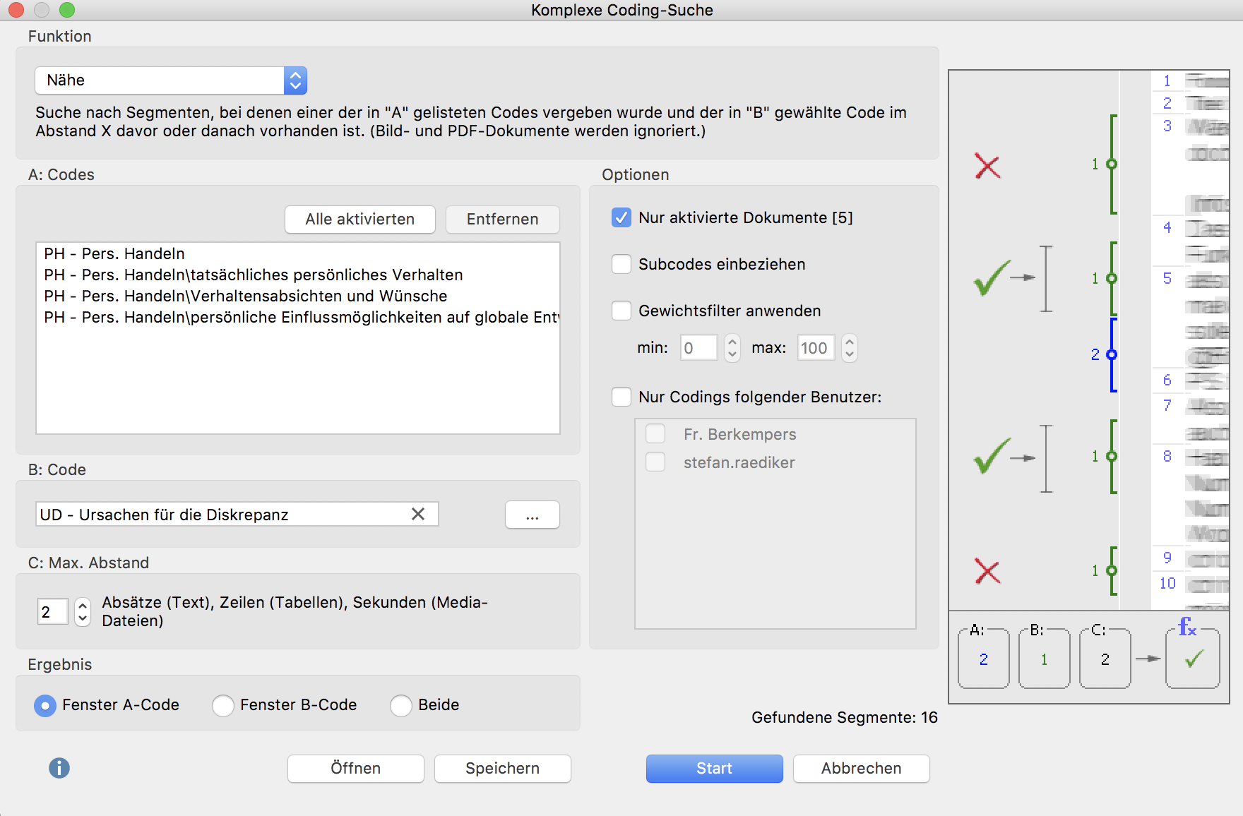 Dialogfenster für die komplexe Segment-Suche Dialogfenster für die komplexe Segment-Suche