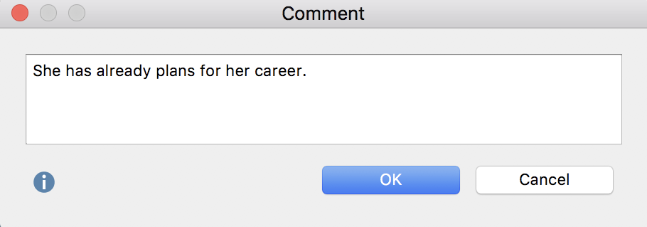 Window for entering comments Window for entering comments