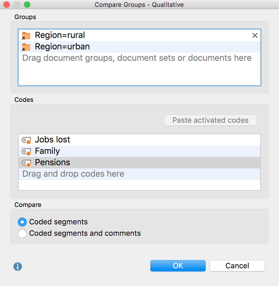 Options dialog window for comparing coded contents Options dialog window for comparing coded contents