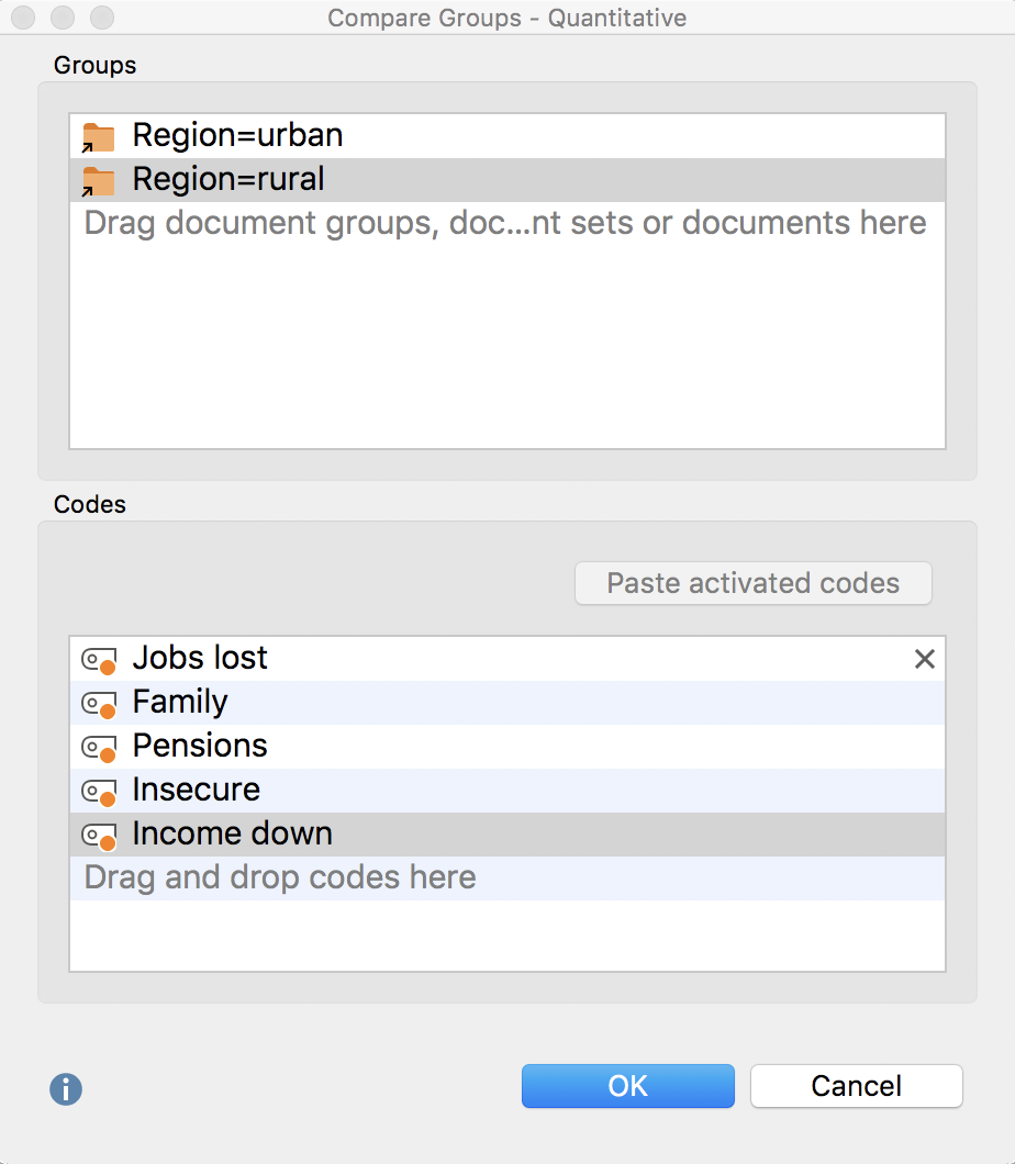 Options dialog window for comparing code frequencie Options dialog window for comparing code frequencie