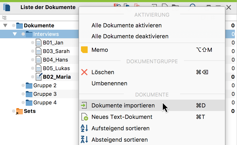 Dokument einfügen mit Hilfe des Kontextmenüs einer Dokumentgruppe Dokument einfügen mit Hilfe des Kontextmenüs einer Dokumentgruppe