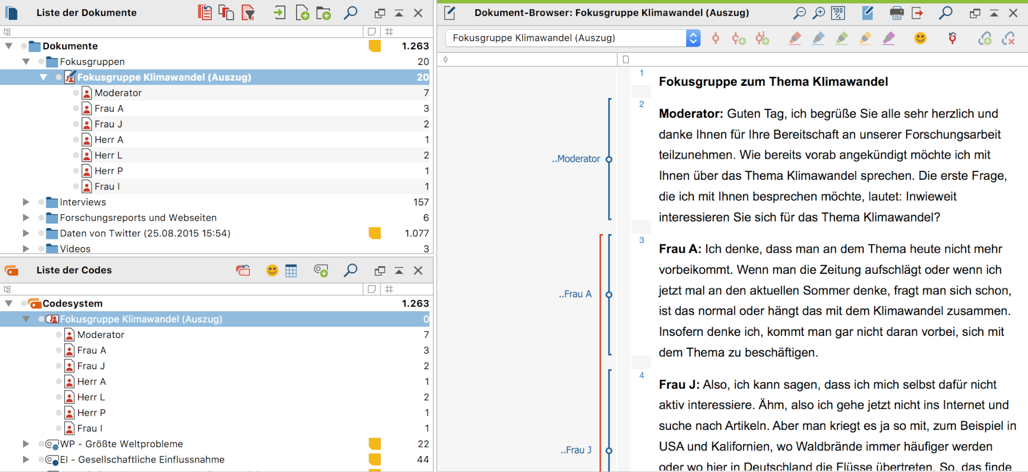 MAXQDA-Ansicht nach dem Import eines Fokusgruppen-Transkripts MAXQDA-Ansicht nach dem Import eines Fokusgruppen-Transkripts