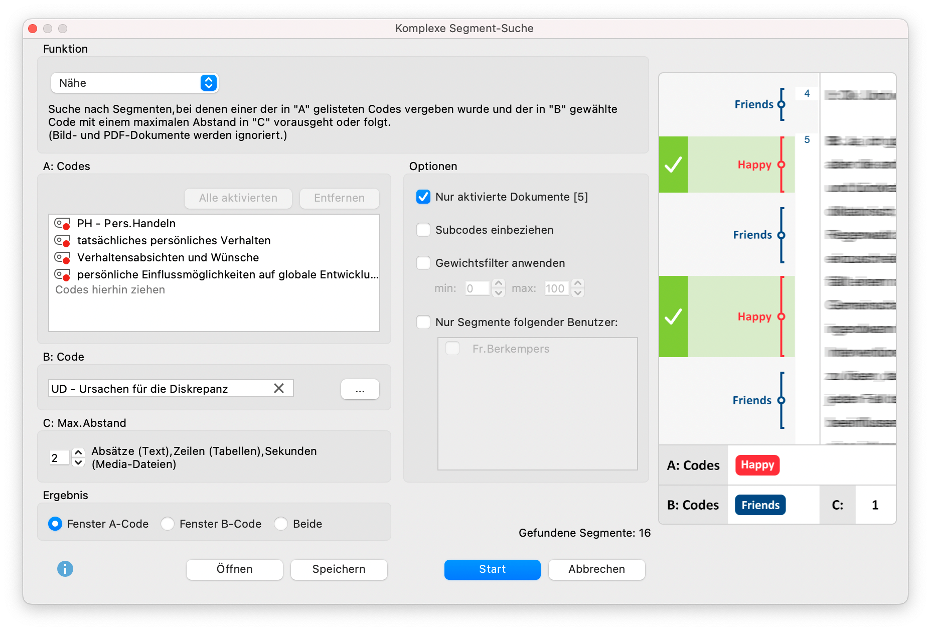 Dialogfenster für die komplexe Segment-Suche Dialogfenster für die komplexe Segment-Suche