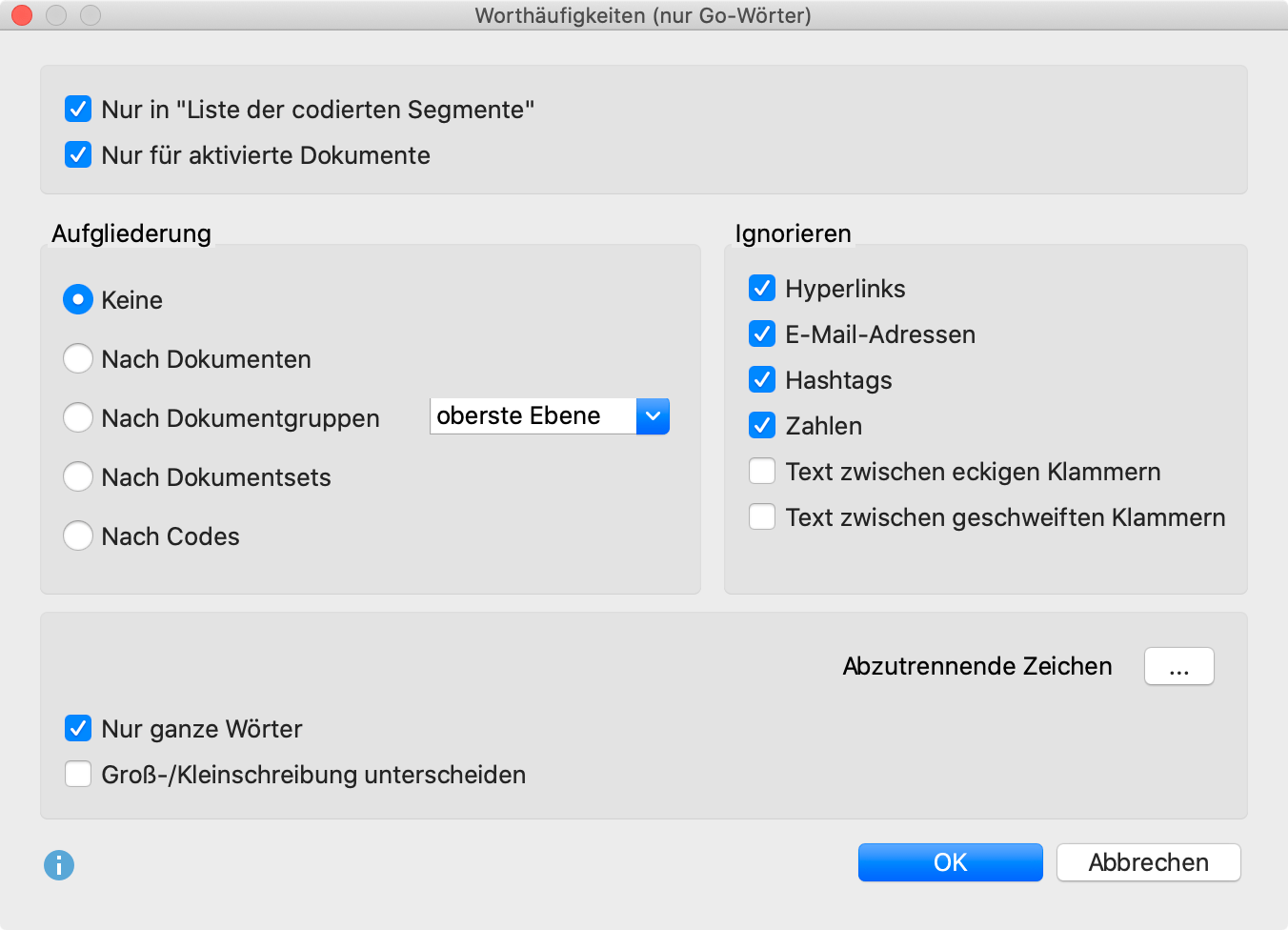 Optionsdialog für die Funktion Worthäufigkeiten (nur Wörter der Go-Liste) Optionsdialog für die Funktion Worthäufigkeiten (nur Wörter der Go-Liste)