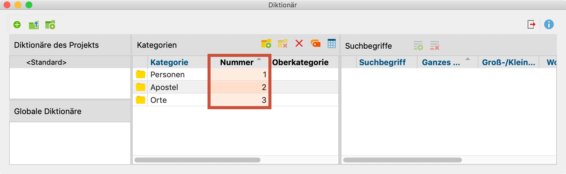 Die ID-Nummern einer Kategorie werden in der Spalte „Nummer“ angezeigt Die ID-Nummern einer Kategorie werden in der Spalte „Nummer“ angezeigt