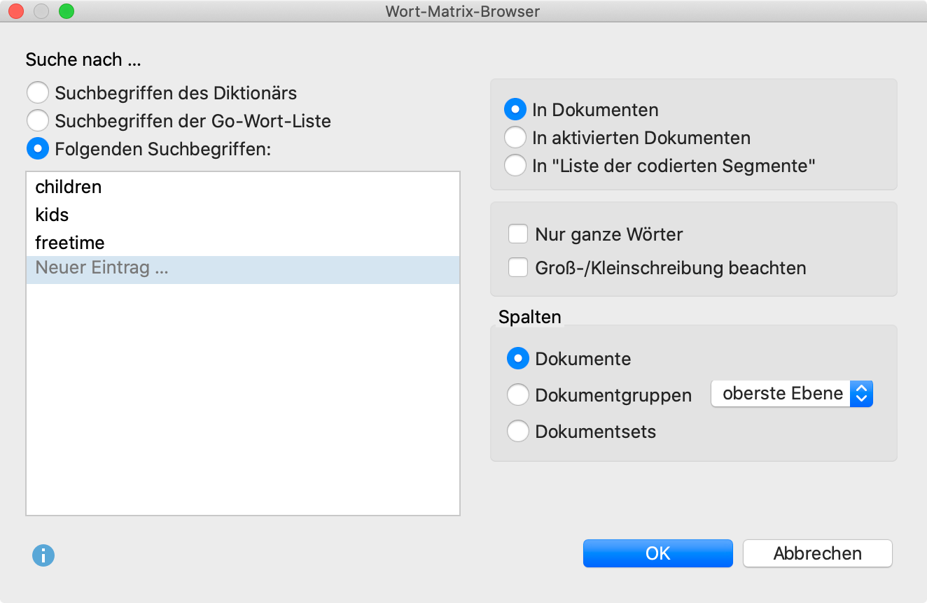 Optionen für den Wort-Matrix-Browser festlegen Optionen für den Wort-Matrix-Browser festlegen