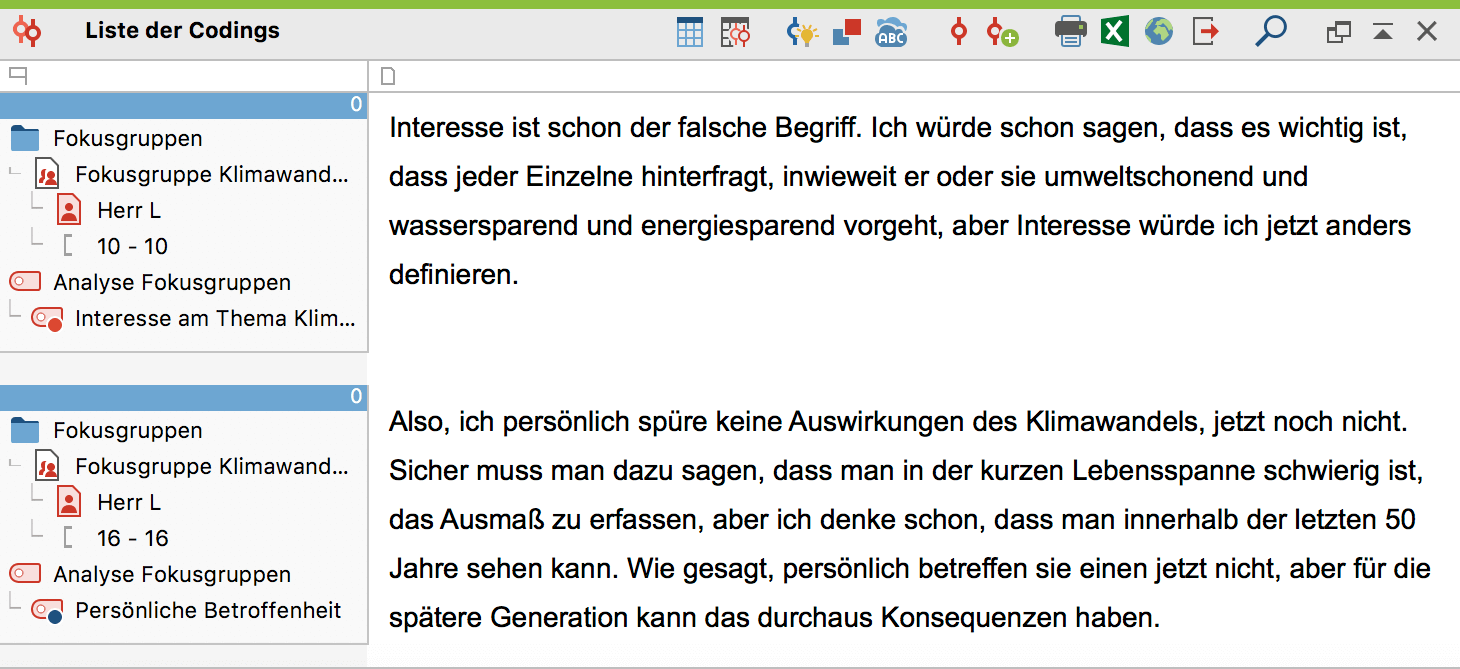 Aussagen eines Teilnehmenden zu einem Thema in der „Liste der Codings“ Aussagen eines Teilnehmenden zu einem Thema in der „Liste der Codings“