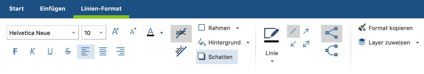 Im Tab „Linien-Format“ das Aussehen einer Linie gestalten Im Fenster „Eigenschaften“ das Aussehen einer Linie gestalten