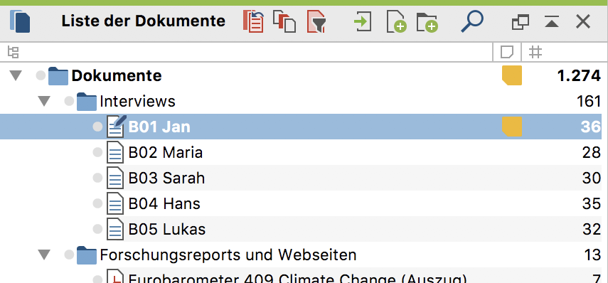Visualisierung eines Memos im Fenster „Liste der Dokumente“ Visualisierung eines Memos im Fenster „Liste der Dokumente“