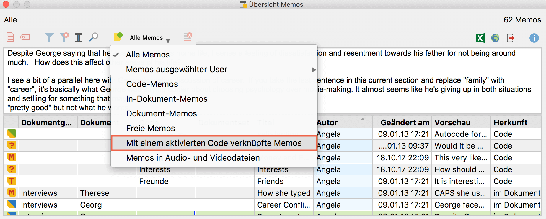 Memos aktivierter Codes in der „Übersicht Memos“ anzeigen