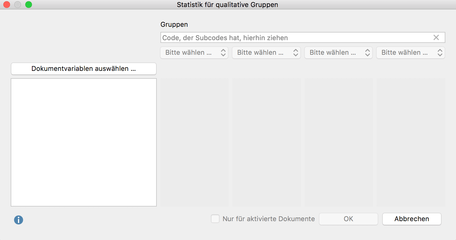 Optionsdialog für die Erstellung eines Joint Displays „Statistik für qualitative Gruppen“ Optionsdialog für die Erstellung eines Joint Displays „Statistik für qualitative Gruppen“