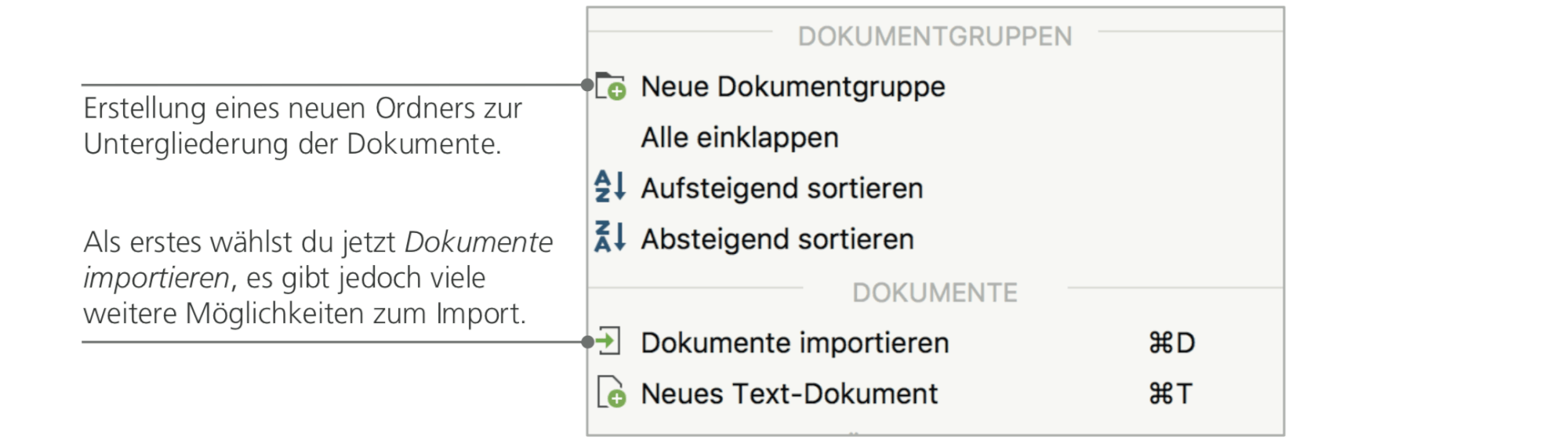 Kontextmenü Liste der Dokumente