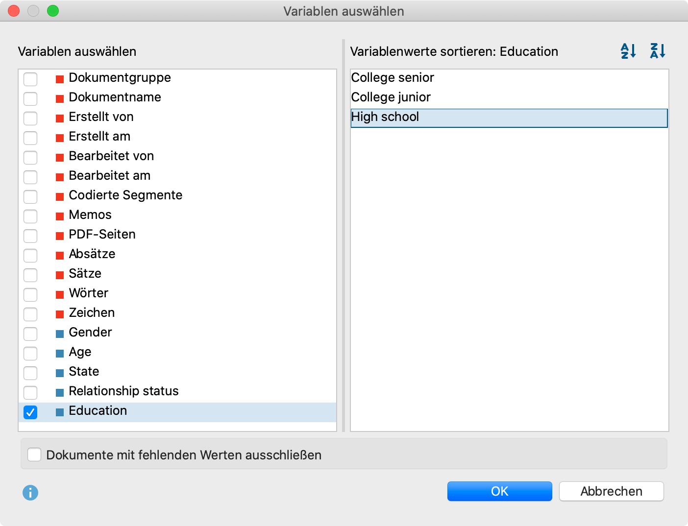 Variablen auswählen (links) und Variablenwerte sortieren (rechts) Variablen auswählen (links) und Variablenwerte sortieren (rechts)