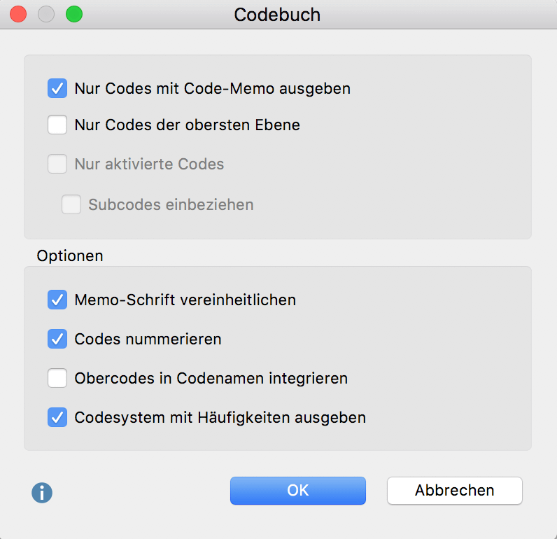 Optionen für das Codebuch einstellen Optionen für die Funktion Codebuch exportieren