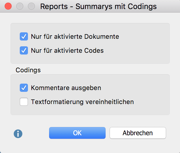 Optionen für den Report Summarys mit Codings einstellen Optionen für den Report Summarys mit Codings einstellen