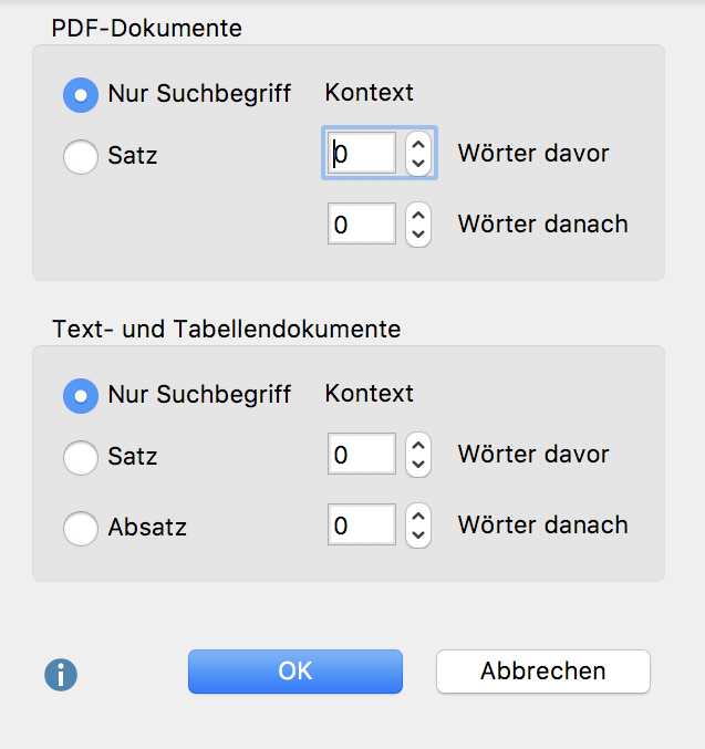 Optionen für die Ausgabe von Fundstellen
Optionen für die Ausgabe von Fundstellen