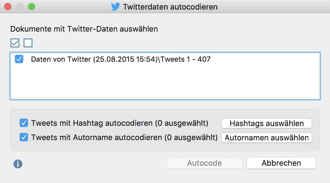 Dialog „Twitterdaten autocodieren“ Dialog „Twitterdaten autocodieren“