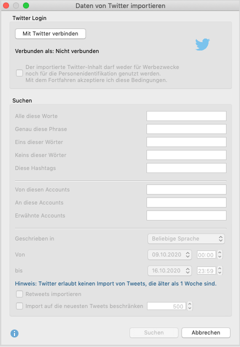 Dialog für den Twitter-Import Dialog für den Twitter-Import