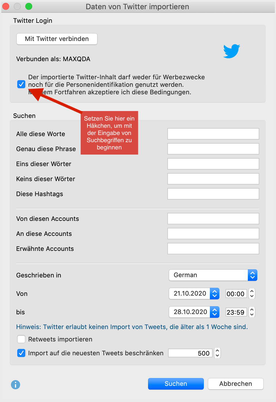 Dialog für den Twitter Import Dialog für den Twitter Import