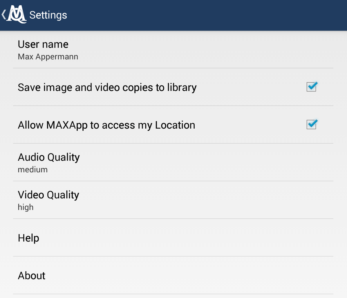 MAXApp Einstellungen und Speicheroptionen