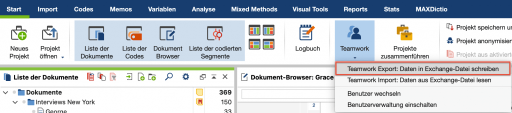 Teamwork Export starten Teamwork Export starten