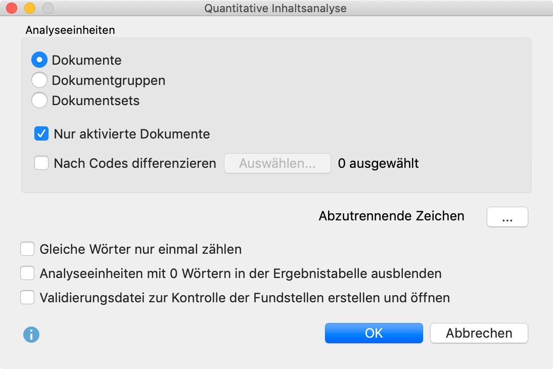 Optionsdialog für die Funktion „Diktionärbasierte Inhaltsanalyse Optionsdialog für die Funktion „Diktionärbasierte Inhaltsanalyse“