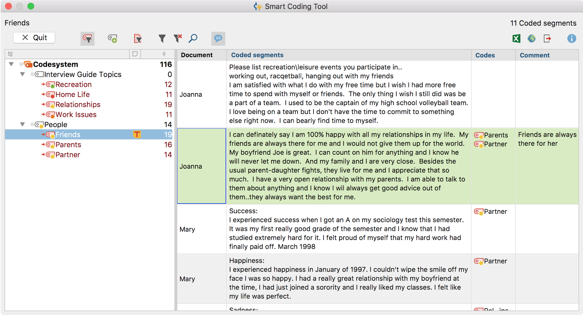 Smart coding. Интерфейс MAXQDA. MAXQDA. Topic Guide 64. Myself and friends