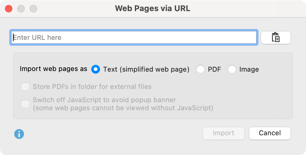 Dialog for importing a web page via URL Dialog for importing a web page via URL