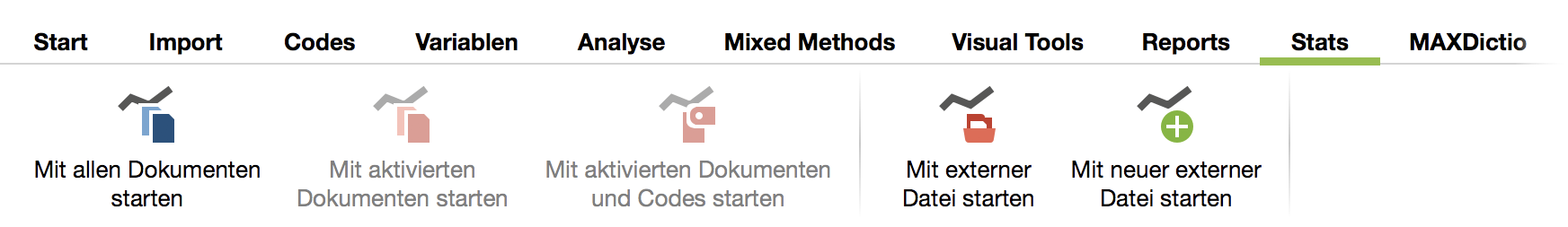 Der Tab „Stats“ im Menüband von MAXQDA Der Tab „Stats“ im Menüband von MAXQDA