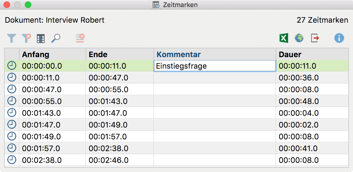 Die „Übersicht Zeitmarken“ listet alle Zeitmarken eines Transkripts
Die Übersicht Zeitmarken listet alle Zeitmarken eines Transkripts