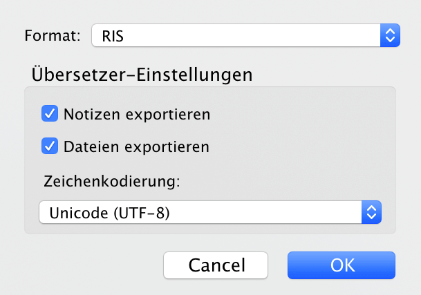 Exportoptionen in Zotero Exportoptionen in Zotero